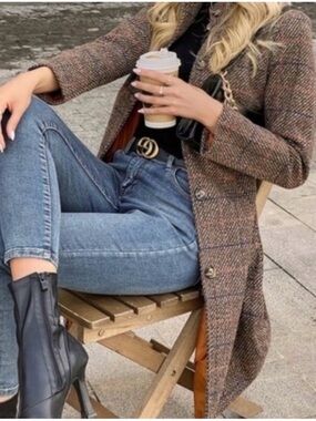 Tweed plaid brown casual trench coat jacket